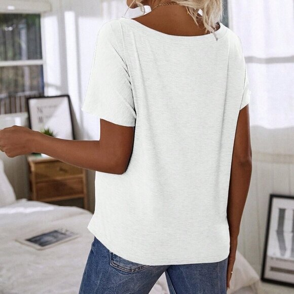 White Casual Women's  Solid Color Asymmetric Neck Batwing Short Sleeve T-Shirt - Picture 2 of 6